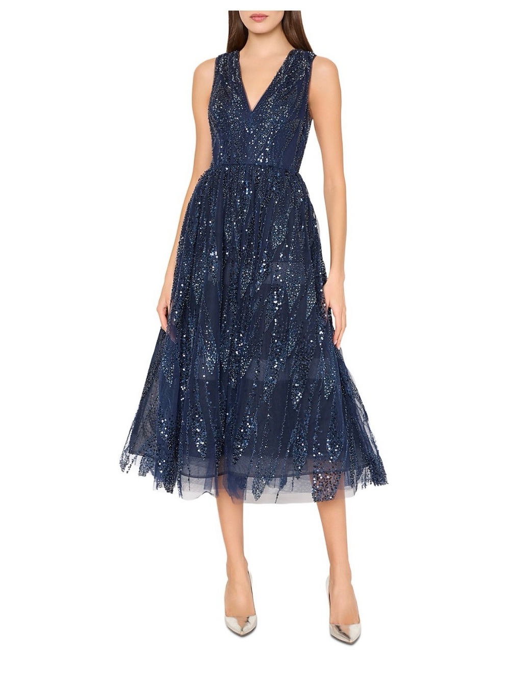 NWT MILLY Tinsley Navy Sequin Beaded Embroidered V Neck Midi Dress 10